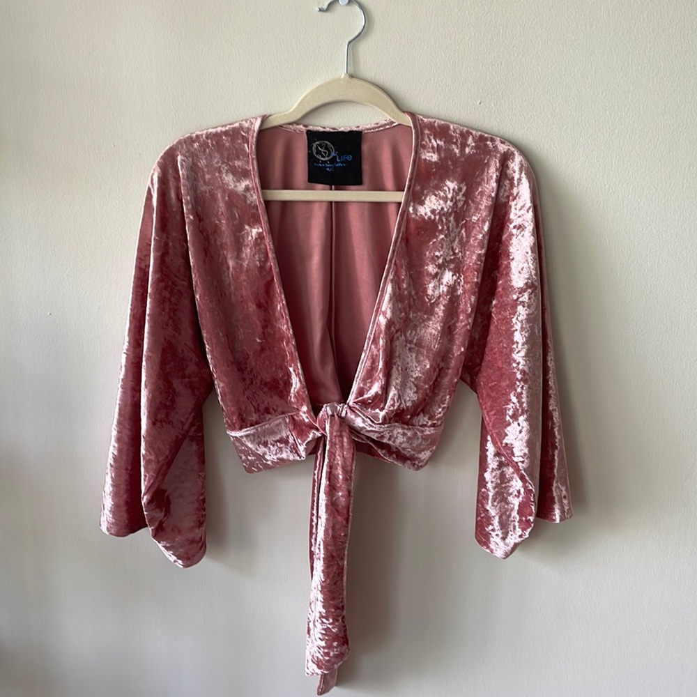 Planet Blue pink velvet crop wrap top